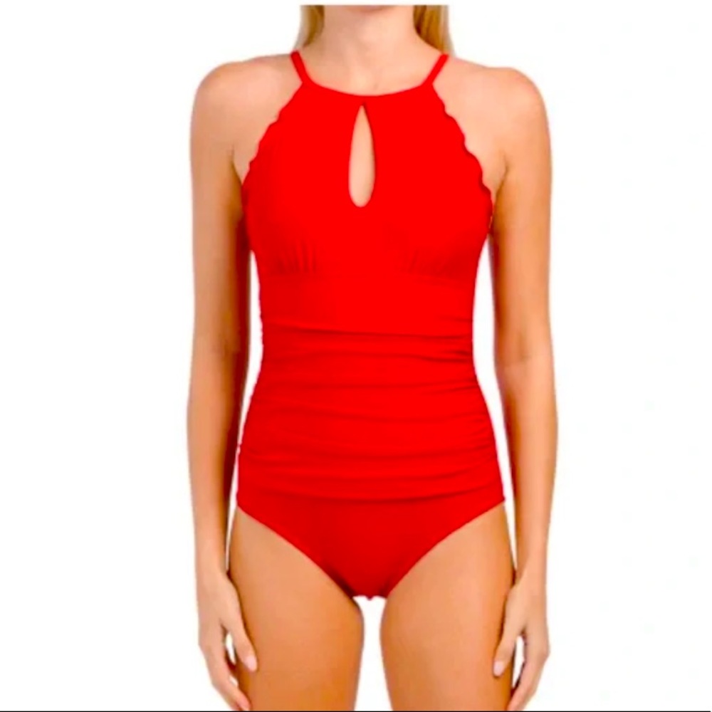 ☀️- ELLEN TRACY RED HIGH NECK SCALLOP KEYHOLE CUTOUT RUCHED ONE PIECE SWIMSU…